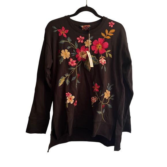 New Johnny Was Hi-Lo Pullover Black Floral Embroidered Slit Long Sleeve Sz S - Picture 1 of 6